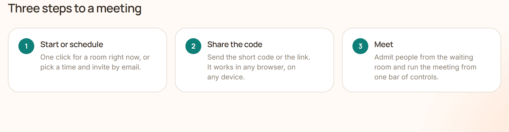Gateling Meetings: three steps to a meeting — start or schedule, share the code, meet